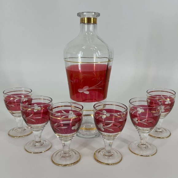 Vintage 60’s MCM Hungarian Decanter Set Cranberry Hand Painted Glass - Picture 1 of 13